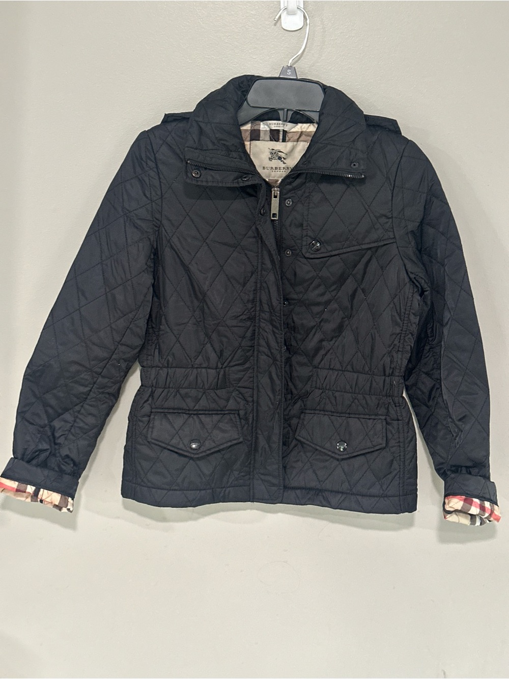 Burberry Black Quilted Utility Jacket with Check Cuff Detail